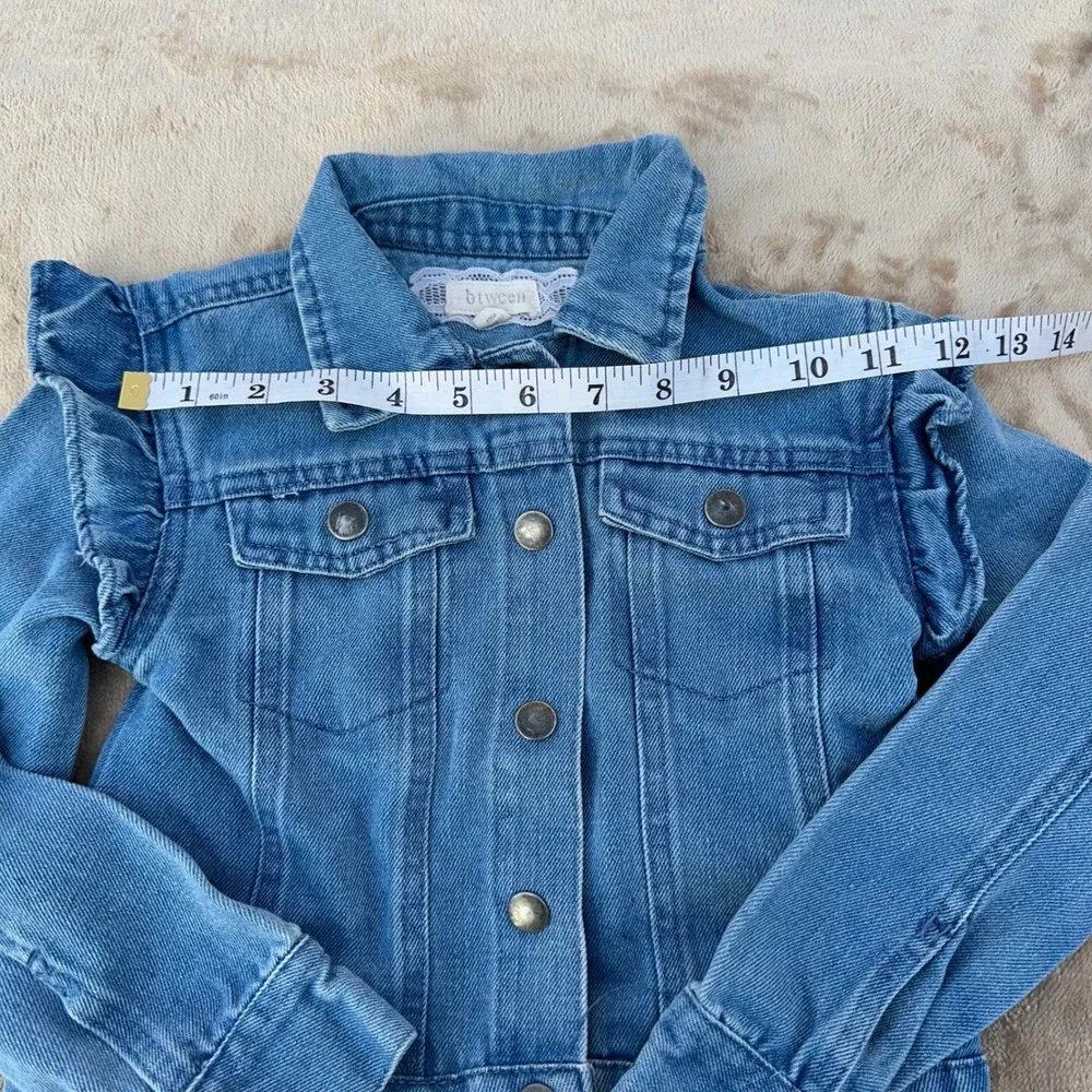 Btween Denim Jacket Girls Size 6 Blue Ruffle Shoulder‎ Cutie Jacket Excellent